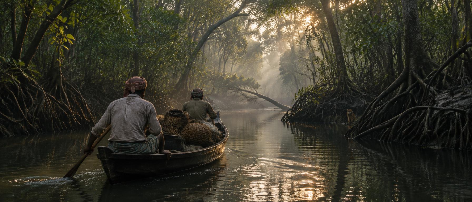 Honey collectors travelling by boat through a sunlit Sundarbans mangrove creek